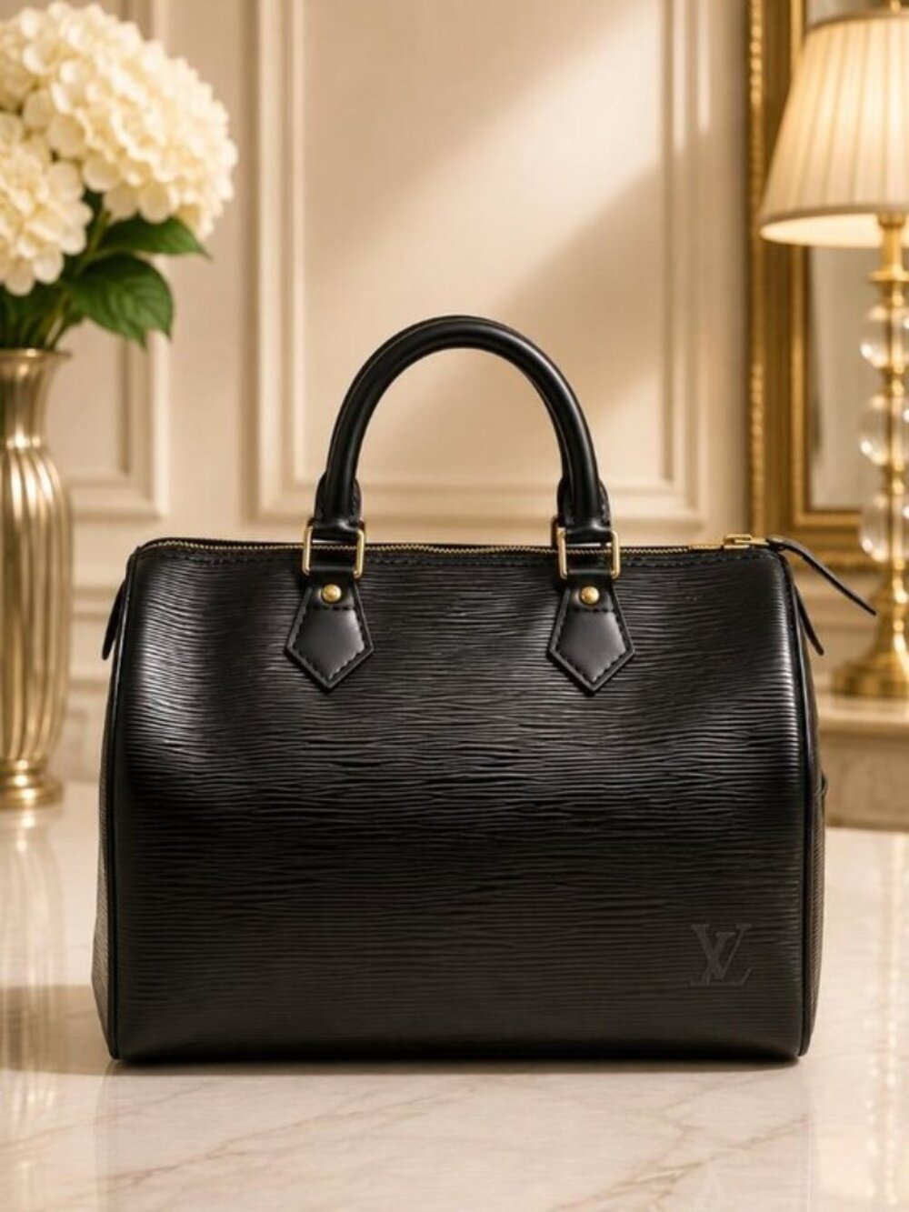 Authentic Louis Vuitton Speedy 30 Black Epi Leather Top Handle Satchel Bag